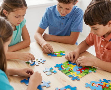 Children coloring biblical scenes with crayons and smiling