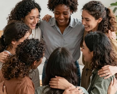 A close-up shot of two people's hands gently clasped in a gesture of support and empathy. The lighting is soft, focusing on the connection. The color palette features warm skin tones and #B7B0A9 fabric textures.