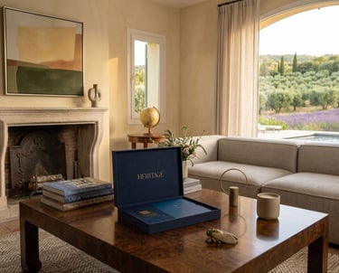 Property passport dans son ecrin posé sur une table basse