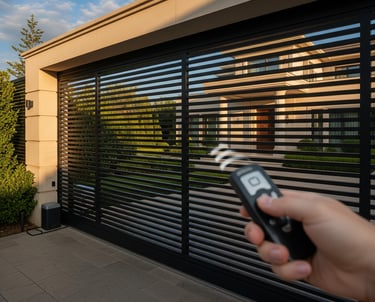 Automatic sliding driveway gate made of horizontal black slats being opened by a hand-held remote control.