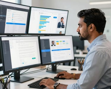 A consultant advising a small business team with compliance documents and charts.