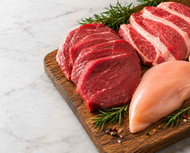 Carne de cerdo, res y pollo adornados con romero y sal y pimienta en grano, sobre una tabla de madera