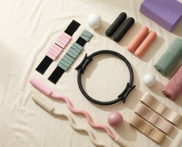 A collection of colorful pilates and yoga equipment including a magic circle, dumbbells, and resistance bands.