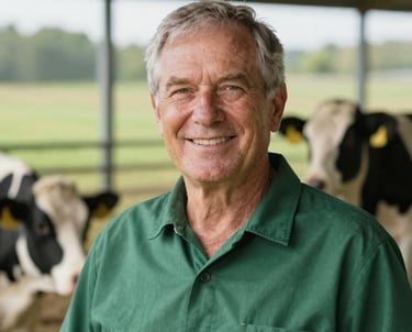 A professional portrait of a senior male dairy technology expert in a green collared shirt, smiling warmly, with a clean farm background. Mood is trustworthy and professional.