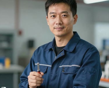 A portrait of a male technical engineer in a professional work uniform, holding a small tool, looking confident. Lighting is clean, highlighting expertise and reliability.
