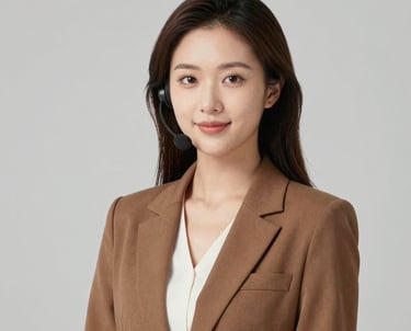 A portrait of a young professional woman in a brown blazer, representing the customer service lead. She looks approachable and sophisticated. Neutral background with soft lighting.