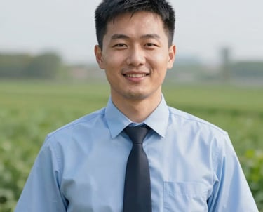 A portrait of a friendly male field agent in semi-formal attire, representing the sales and farm consultation team. Professional and approachable vibe.