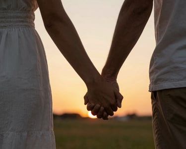 A romantic couple holding hands at sunset in a grassy field during a golden hour date.