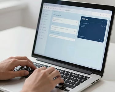 A close-up of a person's hands using a laptop in a minimalist, bright North American office. The screen shows a clean dashboard interface with mist blue and slate navy elements.