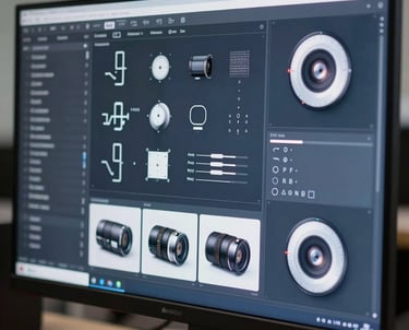 A detailed photograph of high-tech interface components displayed on a large professional monitor. The color palette is dominated by slate navy and pure ice white tones.