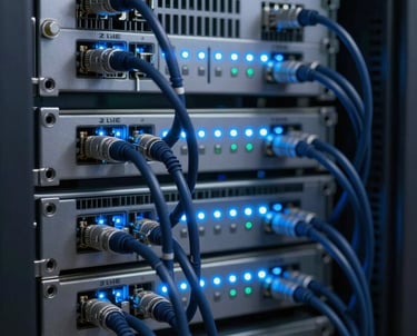 A close-up photograph of a server rack with neatly organized navy blue cables and blinking LED indicators in mist blue, highlighting modern efficiency and data center organization.