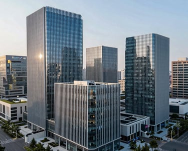 A wide shot of a modern technology park in a North American city, featuring sleek glass and steel buildings. The lighting is cool and professional, with tones of steel blue and white.