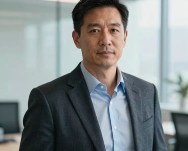 Portrait of a tech executive in professional attire, looking forward with confidence. The setting is a bright, airy North American office with soft mist blue and white tones in the background.