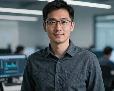 A professional portrait of a software engineer in a North American tech hub. The lighting is crisp and cool with subtle blue and grey tones, conveying expertise and innovation.