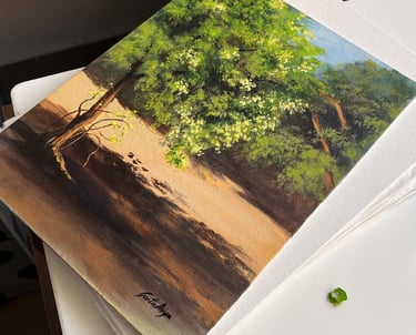 Sunlight filters through foliage creating dappled shadows on a path. Shade-An Invitation, original painting by Geeta Arya.