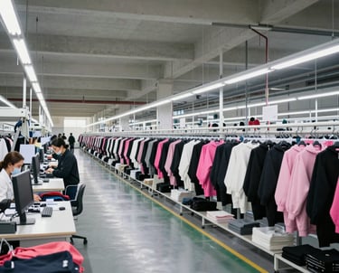 A bustling textile factory in Turkey with skilled workers handling vibrant fabrics.