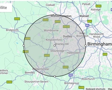 Service area map showing The Paw-sitive Experience’s coverage around Stourbridge, Kingswinford, Dudley, and surrounding areas