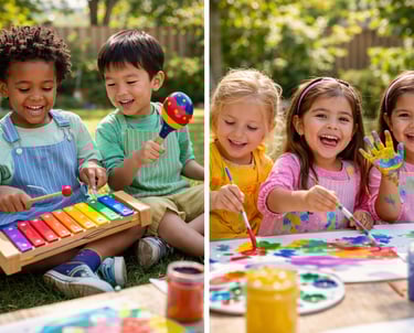 Niños jugando al aire libre en un ambiente soleado y agradable, explorando la música con instrumento