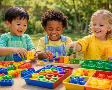 Tres niños pequeños juegan al aire libre con bloques de ensamblar y materiales de clasificación por