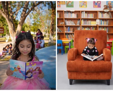 Niñas leyendo libros en un sillón de biblioteca y en un parque al aire libre