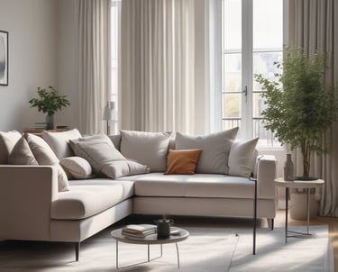 A professional technician cleaning a sofa in a cozy living room.