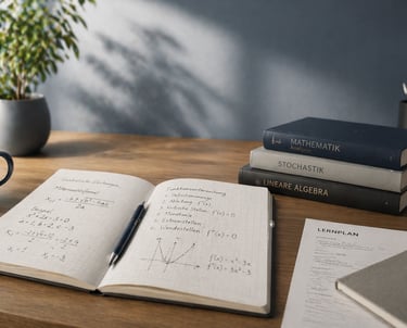 Mathematik-Lernmaterialien auf Schreibtisch mit Formeln für Online-Nachhilfe