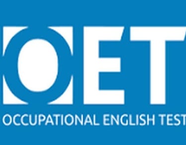 a blue and white logo with the words oet