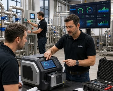 Industrial engineers using a portable diagnostic device to monitor factory equipment and digital analytics.