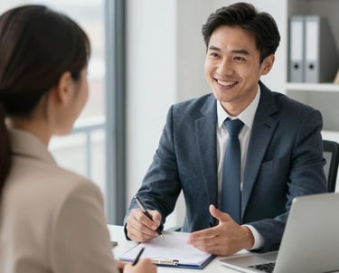 A confident financial advisor discussing plans with a smiling client in a modern office.