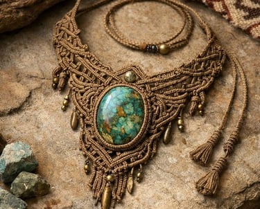 Collar de macrame hecho con piedra de tigre sobre rocas