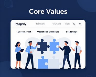 A clean blue-themed grid layout displaying icons representing core values.