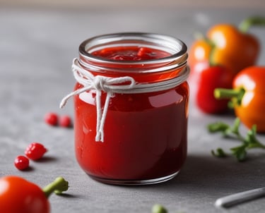Close-up of a jar of homemade Italian pepper jam with fresh peppers around.