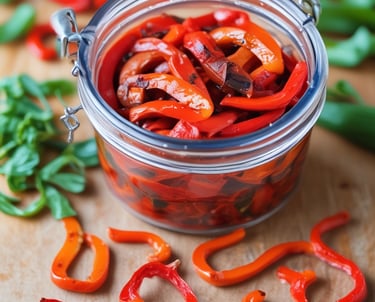 Rustic jars of roasted peppers and tomato sauce on a wooden table.