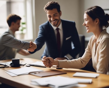 A smiling business owner shaking hands with a collections agent in a modern office