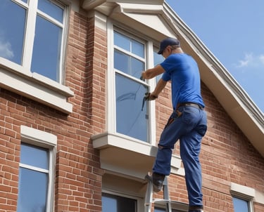 A professional cleaner carefully washing the exterior windows of a modern suburban home.