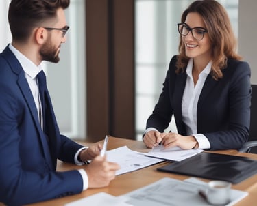 A professional recruiter interviewing a candidate in a modern office setting.