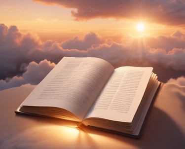 A serene open book glowing softly under warm sunlight.