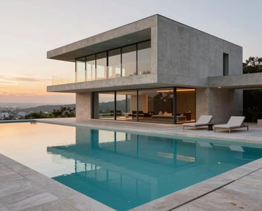 A serene modern backyard with a sleek pool and lush greenery under soft natural light.