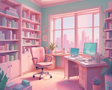 A cozy workspace with handmade kawaii items and soft pastel decorations reflecting a warm creative environment.
