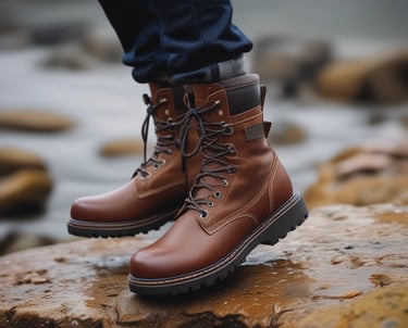 Close-up of rugged military boots on rough terrain with olive green accents