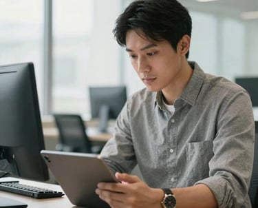 Photography of a professional individual in business casual attire working calmly in a bright, modern North American office. They are looking at structured data on a tablet with a neutral, focused expression.