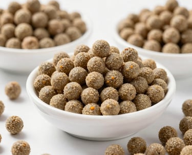 Studio photography of high-protein fish feed pellets (Pakan Mandiri) in a clean white bowl, showcasing both floating and sinking types in a professional, organized presentation.