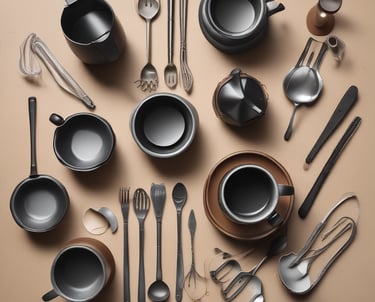 Various coffee-making tools arranged on a wooden table.