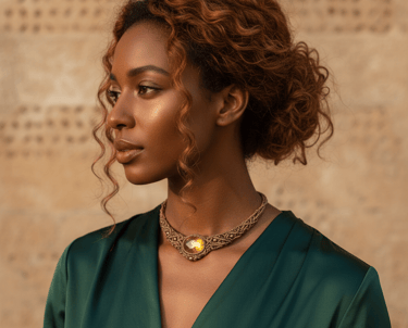 Mujer usando un collar fino de macramé hecho a mano con una piedra ámbar.