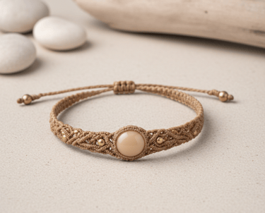 Pulsera de macramé color beige hecha a mano, con una piedra central de piedra luna y cuentas doradas