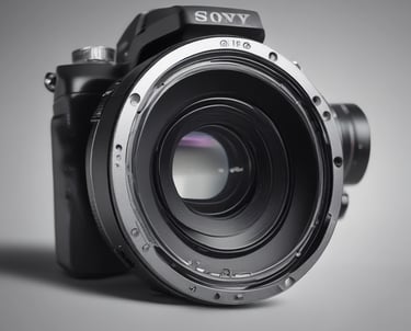 A sleek modern video camera setup with red and white accents on a minimalist white background.