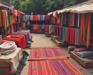 A vibrant display of colorful Indian handloom fabrics and intricate wooden carvings arranged on a rustic wooden table.