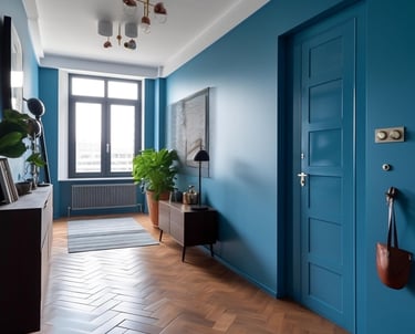 Modern hallway with freshly painted in blue walls