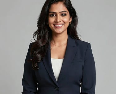 Professional studio portrait of a South Asian female event planner in elegant formal wear, smiling warmly, solid light grey background.