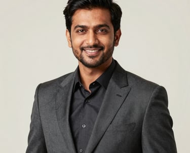 Professional studio portrait of a sophisticated South Asian male professional in a sharp charcoal suit, smiling confidently, neutral off-white background.